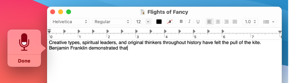 Apple's macOS User Guide screenshot of Dictation: a TextEdit window titled Flights of Fancy with dictated text and the floating Dictation feedback window showing a red microphone glyph and a Done button
