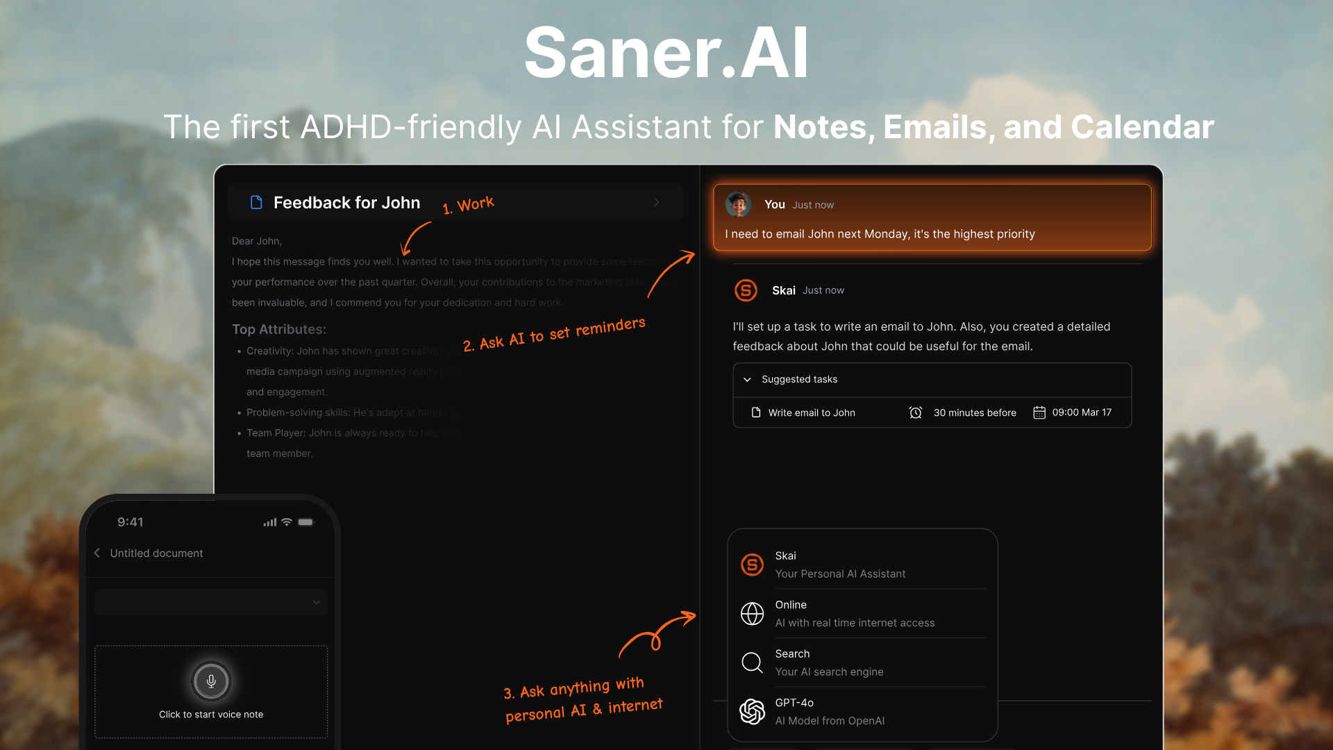 Saner.AI's product overview: a note pane on the left, a chat on the right where the user says they need to email John next Monday and the Skai assistant replies with a suggested task and reminder, and a phone mockup showing a Click to start voice note button